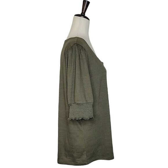 Nine West Army Green Textured Square Neck Elbow Sleeve Stretch Knit Blou… - Picture 3 of 8